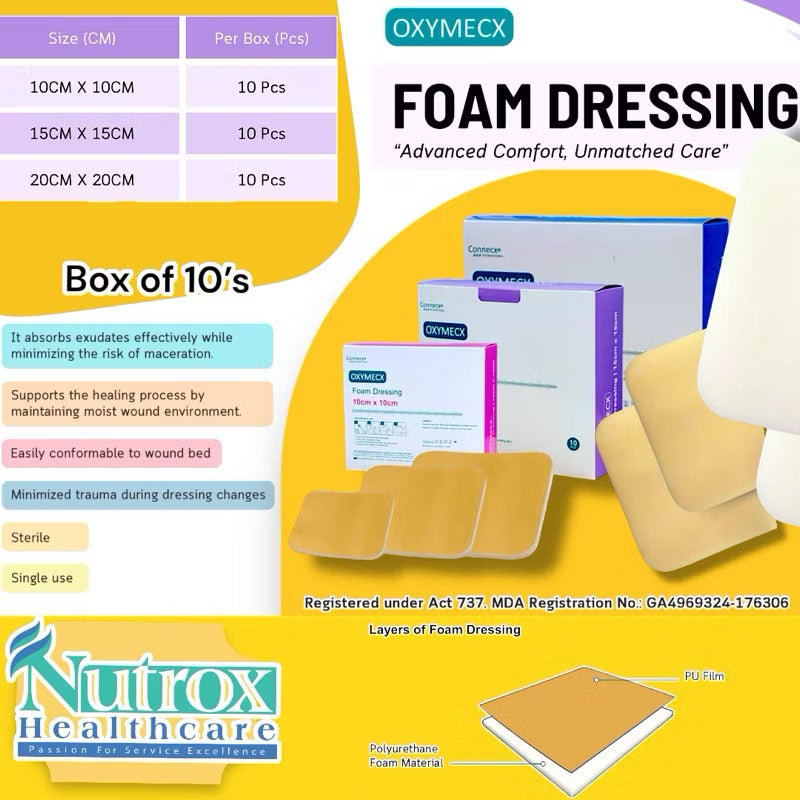Oxymecx Sterile Foam Dressings (1 BOX) Multiple Sizes (10’s) without adhesive