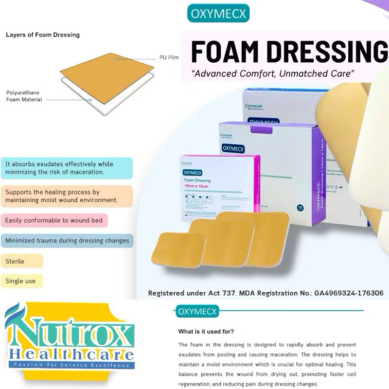 Oxymecx Sterile Foam Dressings (1 BOX) Multiple Sizes (10’s) without adhesive