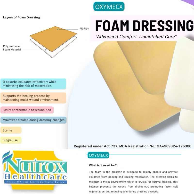 Oxymecx Sterile Foam Dressings (1 BOX) Multiple Sizes (10’s) without adhesive