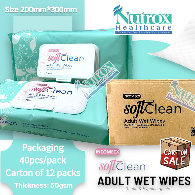 SoftClean Adult Wet Wipes (Carton Sales) 12 packs/carton
40’s per pack Size: 200mm*300mm