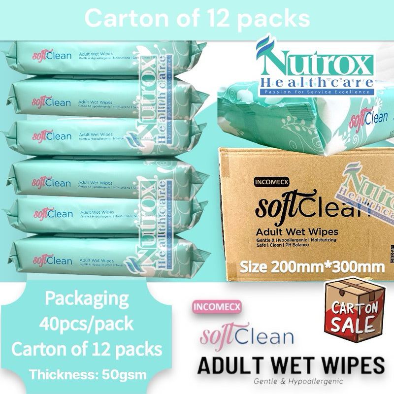 SoftClean Adult Wet Wipes (Carton Sales) 12 packs/carton
40’s per pack Size: 200mm*300mm