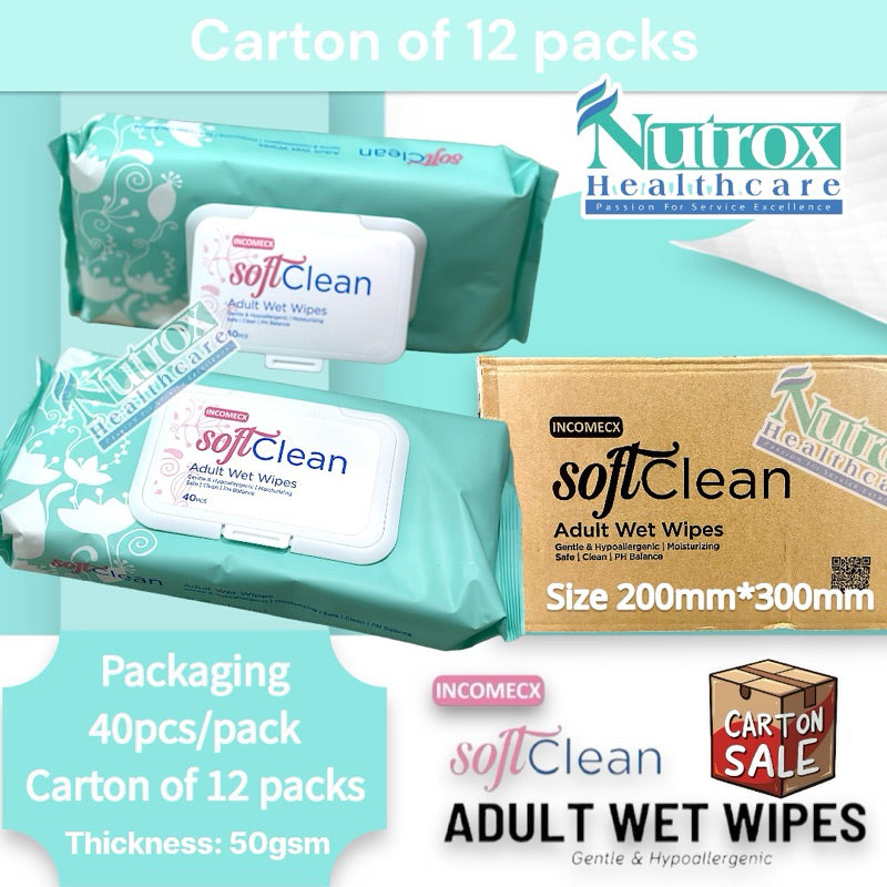 SoftClean Adult Wet Wipes (Carton Sales) 12 packs/carton
40’s per pack Size: 200mm*300mm